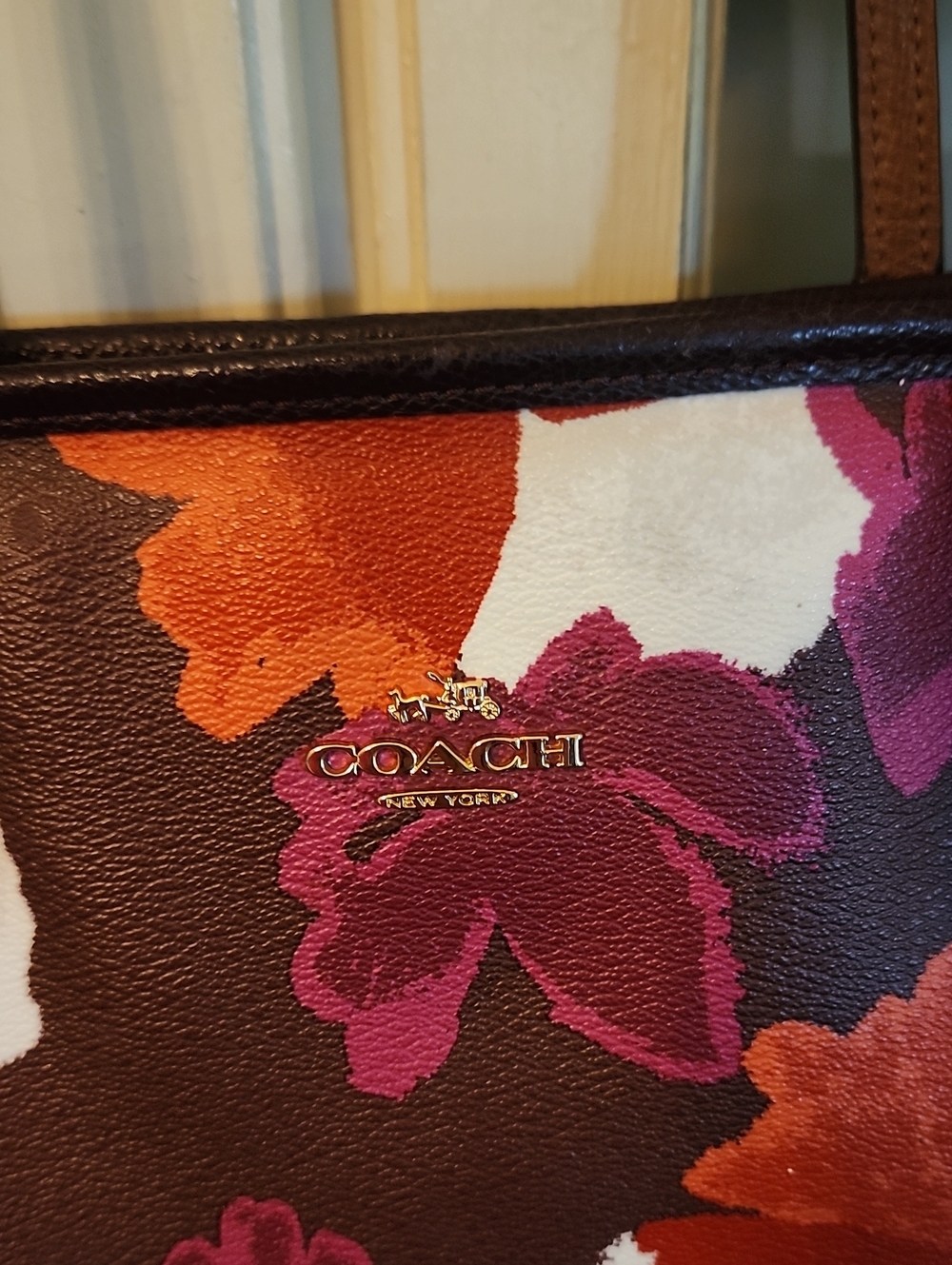 Coach Brown Floral Leather Tote with Pink, Orange & White Blossoms - Picture 2 of 9